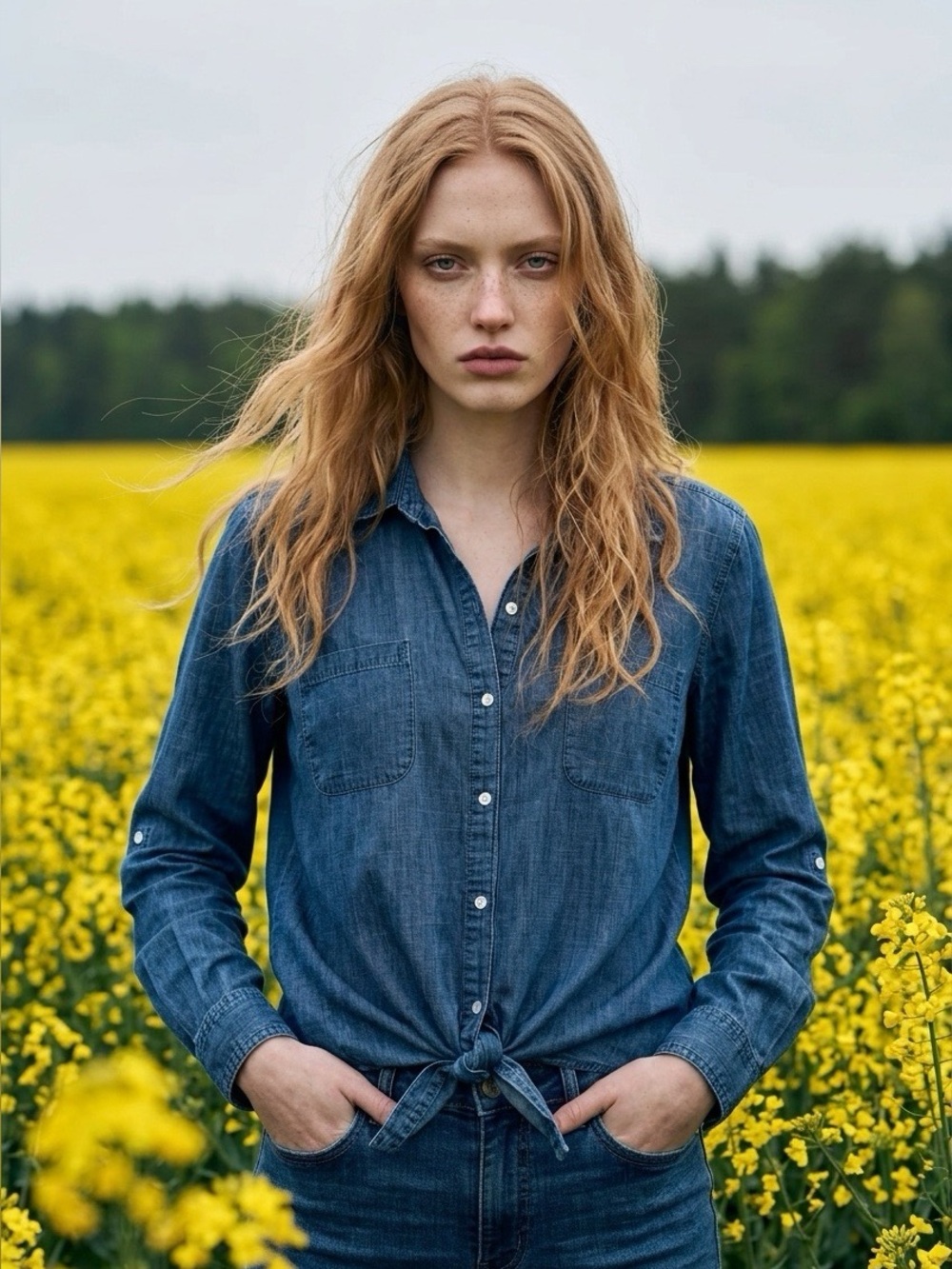 Style & Co. Blue Denim Button-Front Tie-Waist Shirt - L